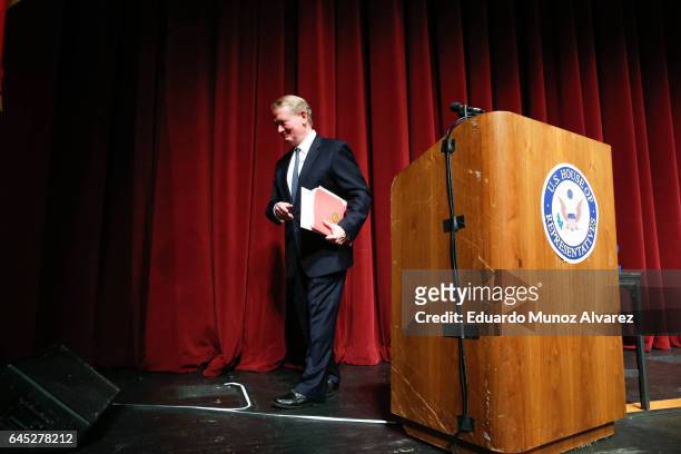Congressman Leonard Lance exits the podium at the end of a town hall event at the Edward Nash Theater on the campus of Raritan Valley Community...