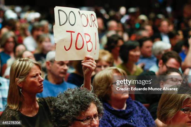 Constituents react after that U.S. Congressman Leonard Lance responded to questions during a town hall event at the Edward Nash Theater on the campus...