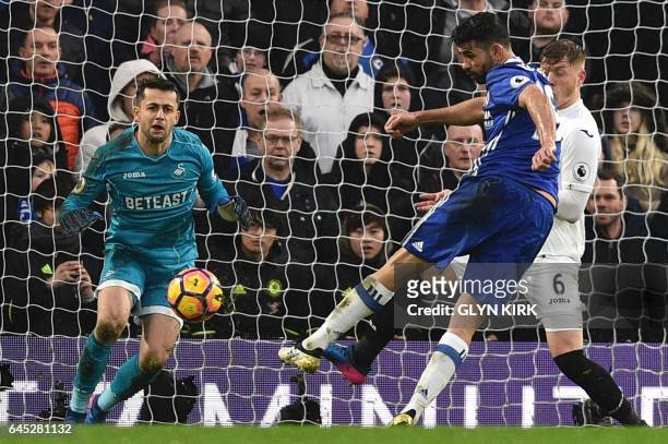 Chelsea's Brazilian-born Spanish striker Diego Costa scores their third goal during the English Premier League football match between Chelsea and...