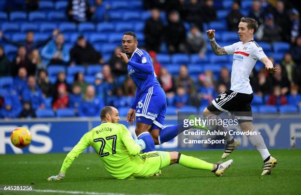 Cardiff City's Kenneth Zohore scores his sides first goal during the Sky Bet Championship match between Cardiff City and Fulham at Cardiff City...