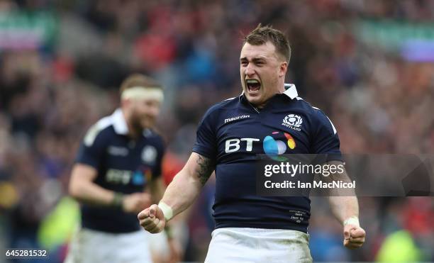 Stuart Hogg of Scotland celebrates at full time during the 6 Nations match between Scotland and Wales at Murrayfield Stadium on February 25, 2017 in...