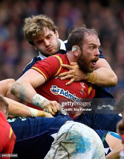 Richie Gray of Scotland gets to grips with Alun Wyn Jones of Wales during the RBS Six Nations match between Scotland and Wales at Murrayfield Stadium...