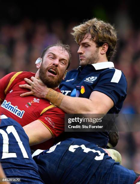 Richie Gray of Scotland gets to grips with Alun Wyn Jones of Wales during the RBS Six Nations match between Scotland and Wales at Murrayfield Stadium...