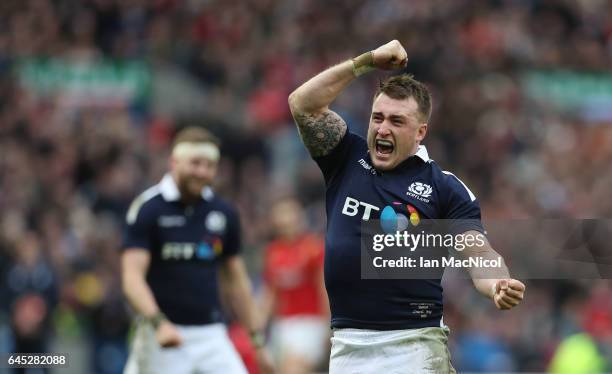 Stuart Hogg of Scotland celebrates at full time during the 6 Nations match between Scotland and Wales at Murrayfield Stadium on February 25, 2017 in...