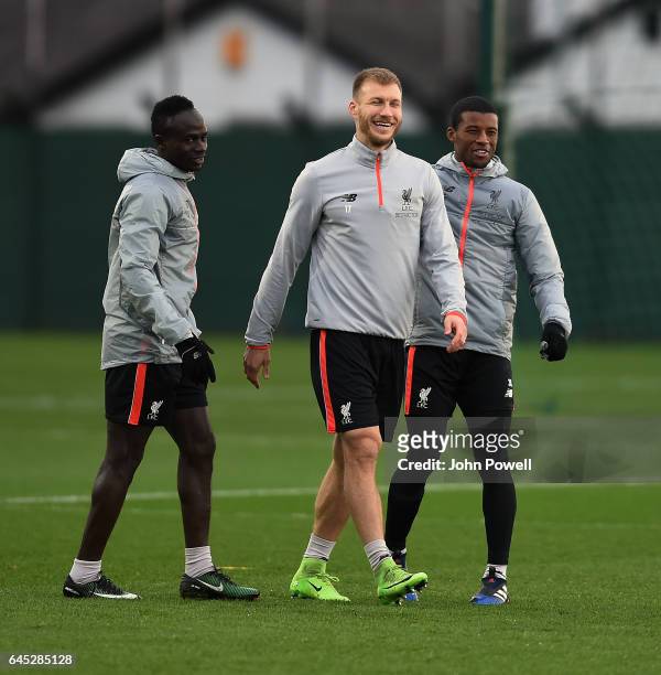 Sadio Mane, Ragnar Klavan and Georginio Wijnaldum and Joe Gomez of Liverpool during a training session at Melwood Training Ground on February 25,...