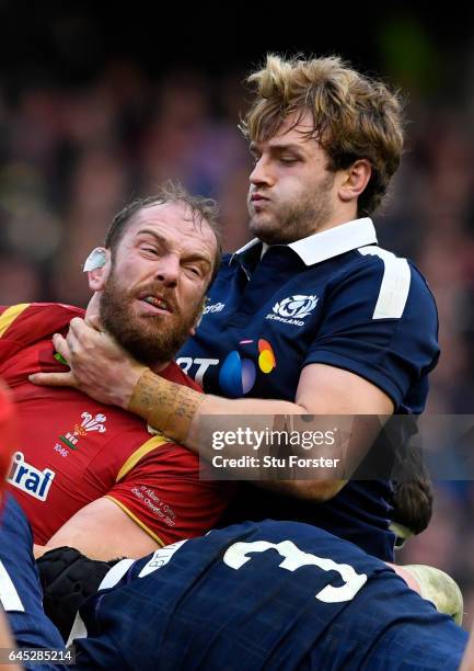 Richie Gray of Scotland gets to grips with Alun Wyn Jones of Wales during the RBS Six Nations match between Scotland and Wales at Murrayfield Stadium...
