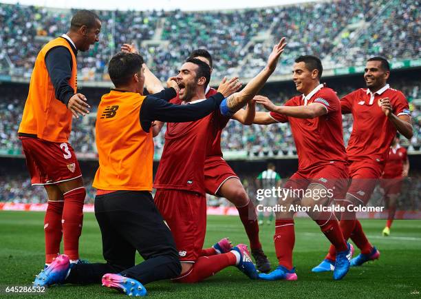 Vicente Iborra of Sevilla FC celebrates after scoring during La Liga match between Real Betis Balompie and Sevilla FC at Benito Villamarin Stadium on...