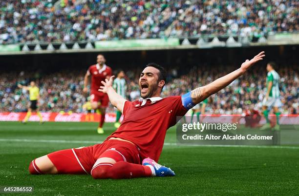 Vicente Iborra of Sevilla FC celebrates after scoring during La Liga match between Real Betis Balompie and Sevilla FC at Benito Villamarin Stadium on...