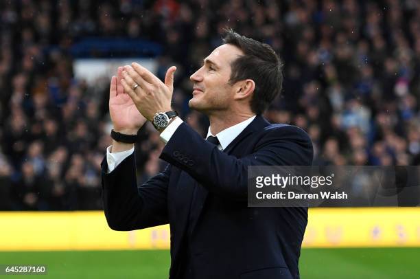 Frank Lampard shows appreciation to the fans at half time during the Premier League match between Chelsea and Swansea City at Stamford Bridge on...