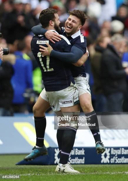 Alex Dunbar and Ali Price celebrates at full time during the 6 Nations match between Scotland and Wales at Murrayfield Stadium on February 25, 2017...