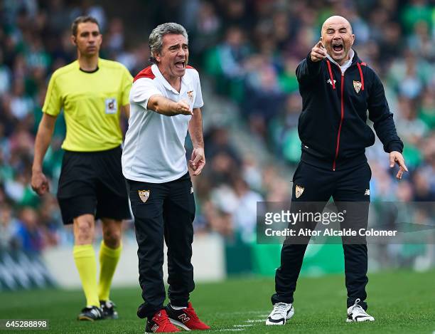 Juanma Lillo second coach of Sevilla FC and Head Coach of Sevilla FC Jorge Sampaoli reacts during La Liga match between Real Betis Balompie and...