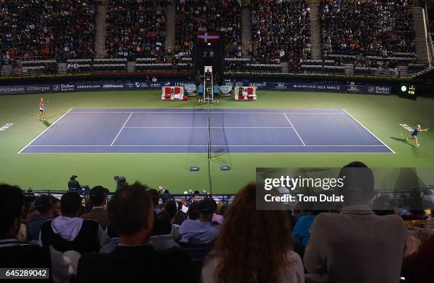General view of action during the final match between Caroline Wozniacki of Denmark and Elina Svitolina of Ukraine on day seven of the WTA Dubai Duty...