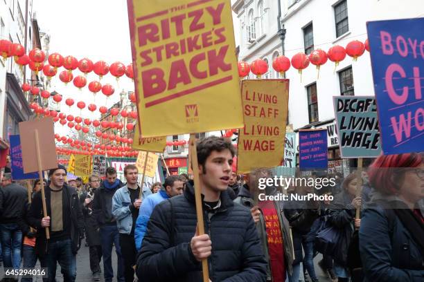 Workers at Cineworld cinemas in London stage a strike and protest demanding the company pay to London living wage to it's staff, on February 25, 2017.