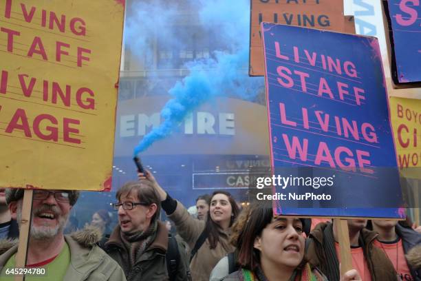 Workers at Cineworld cinemas in London stage a strike and protest demanding the company pay to London living wage to it's staff, on February 25, 2017.