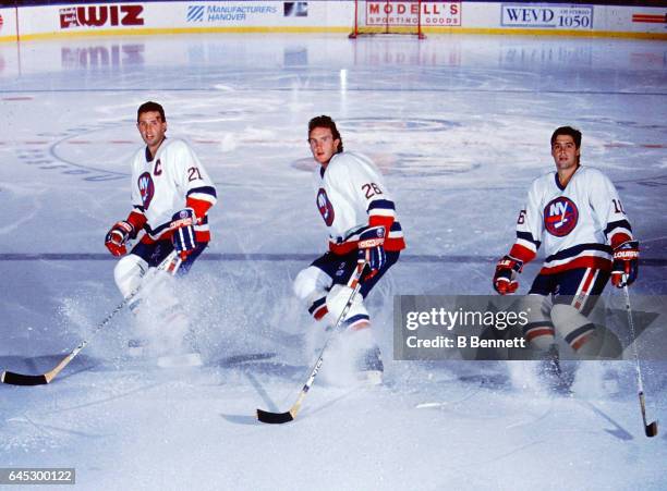 1980s: Brent Sutter, Pat Flatley and Pat Lafontaine of the New York Islanders.