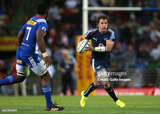 Burger Odendaal of the Vodacom Bulls attempts to get past Stormers captain Siya Kolisi during the Super Rugby match between DHL Stormers and Vodacom...