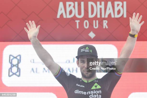 S Mark Cavendish from Dimension Data Team awaits for the Green Best Sprinter Jersey after the third stage, a 186km Al Maryah Island Stage from Al Ain...