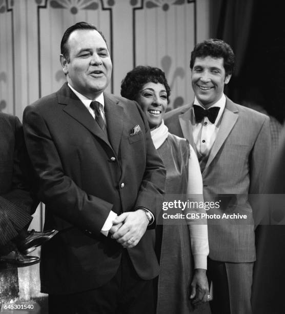 From left: Jonathan Winters, Carmen McRae, and Tom Jones on THE JONATHAN WINTERS SHOW. Image dated March 18 air date was March 27, 1968.