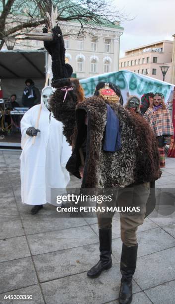 Revellers parade through the streets of the old town of Vilnius to celebrate Uzgavenes or 'the time before lent' on February 25, 2017. 'Uzgavenes' is...