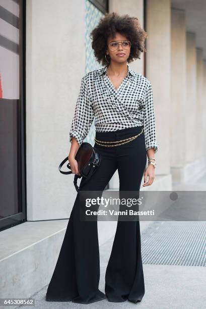 Aminata Belli poses before the Agnona show during Milan Fashion Week Fall/Winter 2017/18 on February 25, 2017 in Milan, Italy.