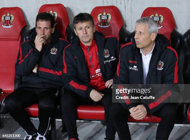Assistant coaches of OGC Nice Frederic Gioria, Adrian Ursea and head coach Lucien Favre look on before the French Ligue 1 match between OGC Nice and...