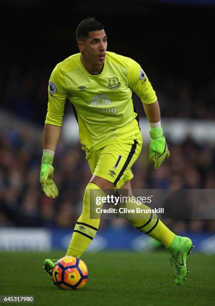 Joel Robles of Everton in action during the Premier League match between Everton and Sunderland at Goodison Park on February 25, 2017 in Liverpool,...