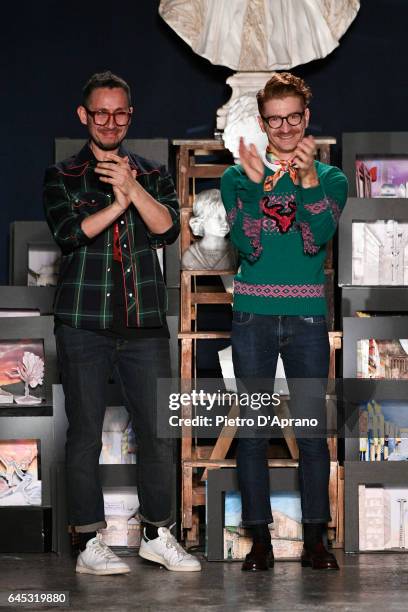 Dseigners Fabio Sasso and Juan Caro step out on the runway at the Leitmotiv show during Milan Fashion Week Fall/Winter 2017/18 on February 25, 2017...