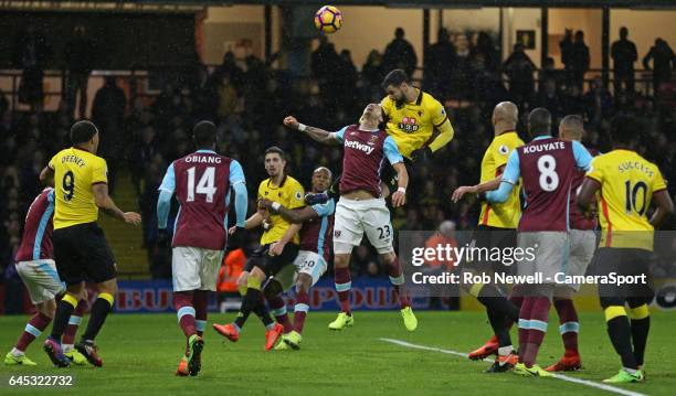 Watford's Miguel Angel Britos gets in a late header during the Premier League match between Watford and West Ham United at Vicarage Road on February...