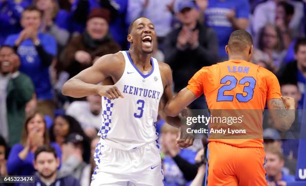 Bam Adebayo of the Kentucky Wildcats celebrates during the game against the Florida Gators at Rupp Arena on February 25, 2017 in Lexington, Kentucky.