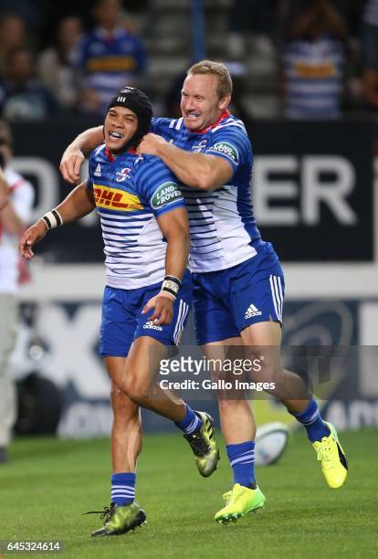 Cheslin Kolbe celebrates scoring a try during the Super Rugby match between DHL Stormers and Vodacom Bulls at DHL Newlands on February 25, 2017 in...