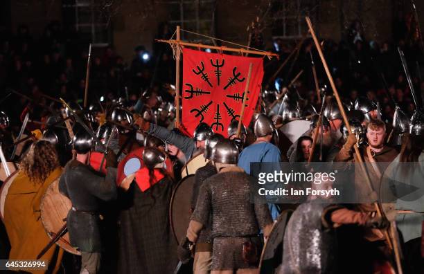 Viking re-enactors meet in battle during the finale of a living history display on February 25, 2017 in York, United Kingdom. The battle saw hundreds...