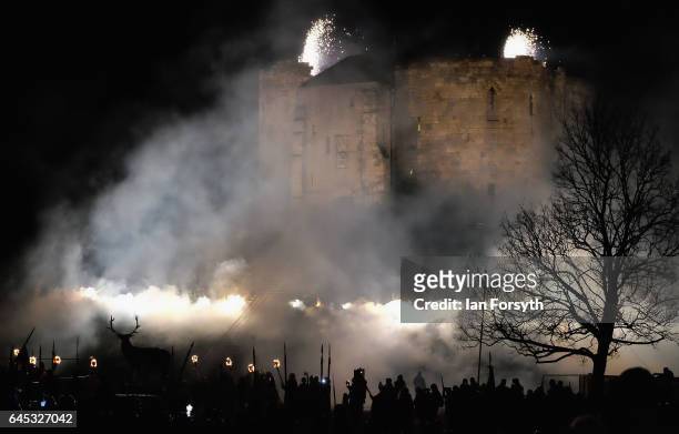 Viking re-enactors celebrate the end of the battle during the finale of a living history display on February 25, 2017 in York, United Kingdom. The...