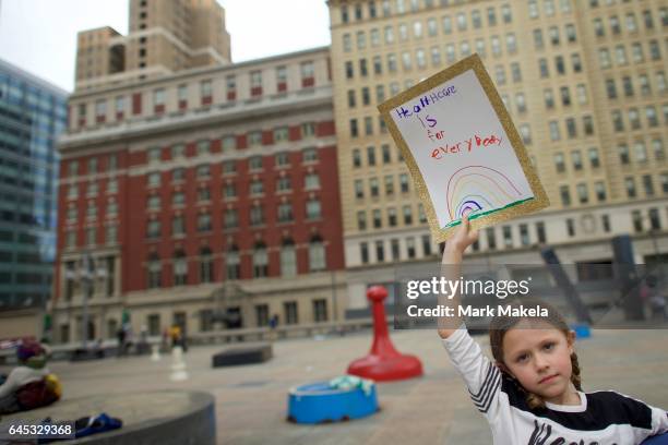 Cheyenne Snider arrives before a health care rally at Thomas Paine Plaza on February 25, 2017 in Philadephia, Pennsylvania. Rallies are being held...