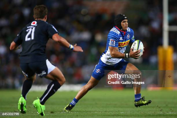 Cheslin Kolbe of the Stormers attempts to get past Piet van Zyl of the Vodacom Bulls during the Super Rugby match between DHL Stormers and Vodacom...