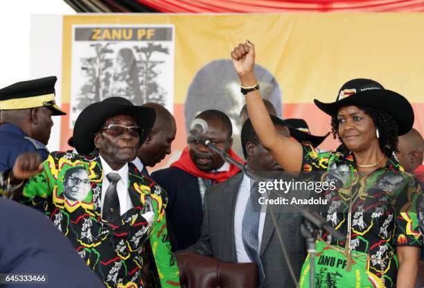 The world's oldest leader Zimbabwean President Robert Mugabe and his wife Grace Mugabe attend the celebration of Mugabe's 93rd birthday organised by...