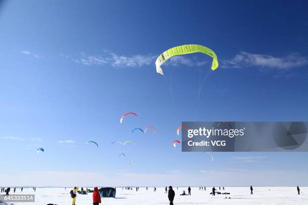 Kites fly in the sky during the second "Lianhuan Lake Cup" Kite Competition at Lianhuan Lake Hot Spring Resort of Duerbote County on February 25,...