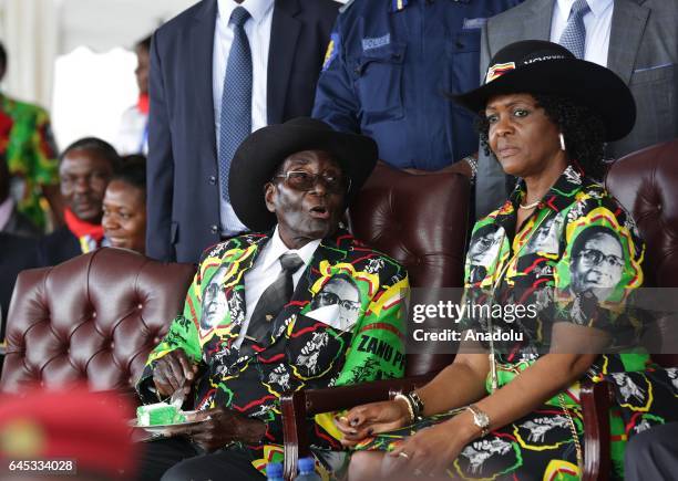 The world's oldest leader Zimbabwean President Robert Mugabe and his wife Grace Mugabe attend the celebration of Mugabe's 93rd birthday organised by...