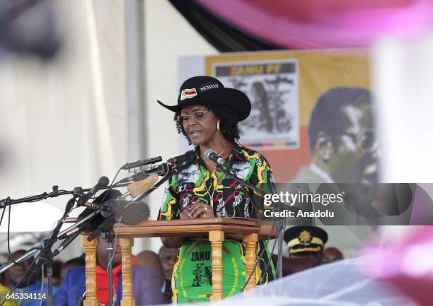 The world's oldest leader Zimbabwean President Robert Mugabe's wife Grace Mugabe speaks during the celebration of Mugabe's 93rd birthday organised by...