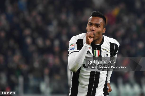 Alex Sandro of Juventus FC celebrates a goal during the Serie A match between Juventus FC and Empoli FC at Juventus Stadium on February 25, 2017 in...