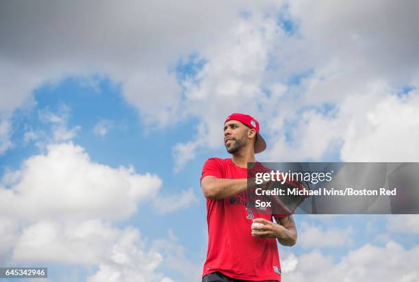 David Price of the Boston Red Sox plays catch with Make-A-Wish recipient Robert Alpert of Wareham, Massachusetts before a spring training game...