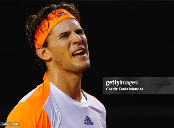 Dominic Thiem of Austria reacts during the semifinals of the ATP Rio Open 2017 at Jockey Club Brasileiro on February 25, 2017 in Rio de Janeiro,...