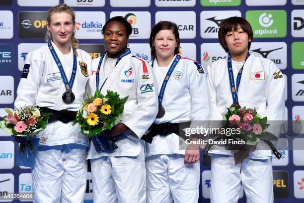 Under 63kg medallists L-R: Silver; Martyna Trajdos of Germany, Gold; Clarisse Agbegnenou of France, Bronzes; Tina Trstenjak of Slovenia and Nami...