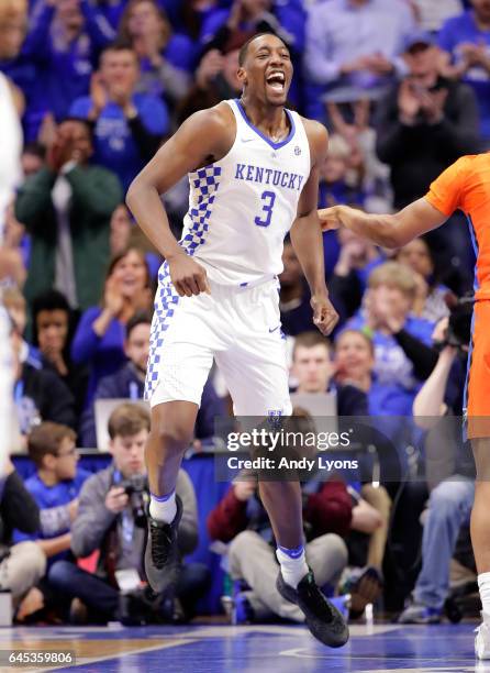 Bam Adebayo of the Kentucky Wildcats celebrates during the game against the Florida Gators at Rupp Arena on February 25, 2017 in Lexington, Kentucky.