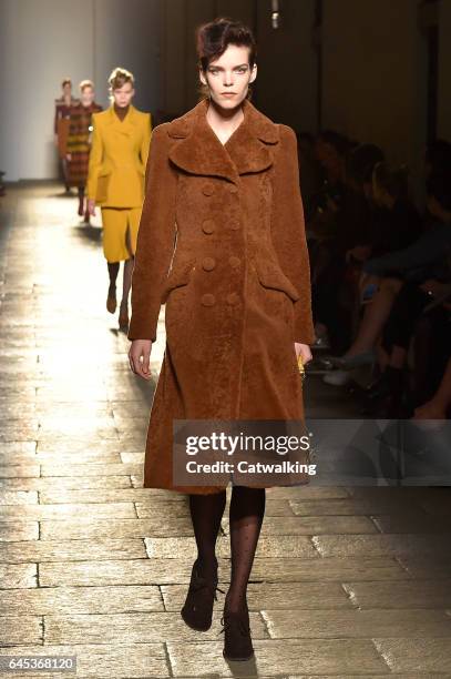 Model walks the runway at the Bottega Veneta Autumn Winter 2017 fashion show during Milan Fashion Week on February 25, 2017 in Milan, Italy.