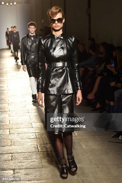 Model walks the runway at the Bottega Veneta Autumn Winter 2017 fashion show during Milan Fashion Week on February 25, 2017 in Milan, Italy.