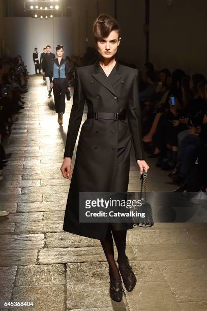 Model walks the runway at the Bottega Veneta Autumn Winter 2017 fashion show during Milan Fashion Week on February 25, 2017 in Milan, Italy.