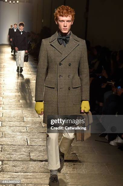 Model walks the runway at the Bottega Veneta Autumn Winter 2017 fashion show during Milan Fashion Week on February 25, 2017 in Milan, Italy.