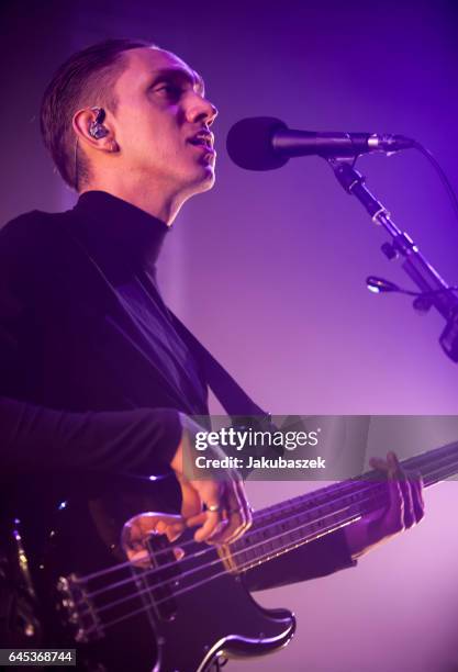 Singer Oliver Sim of the British band The xx performs live during a concert at the Arena on February 25, 2017 in Berlin, Germany.