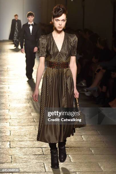 Model walks the runway at the Bottega Veneta Autumn Winter 2017 fashion show during Milan Fashion Week on February 25, 2017 in Milan, Italy.