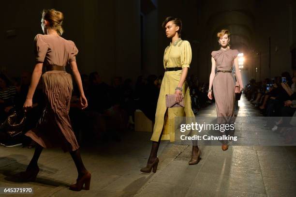 Models walk the runway at the Bottega Veneta Autumn Winter 2017 fashion show during Milan Fashion Week on February 25, 2017 in Milan, Italy.